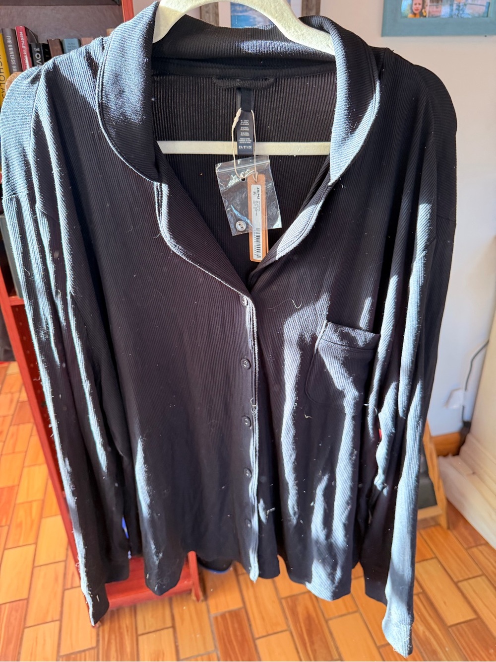 SKIMS Black Ribbed Button-Front Pajama Top